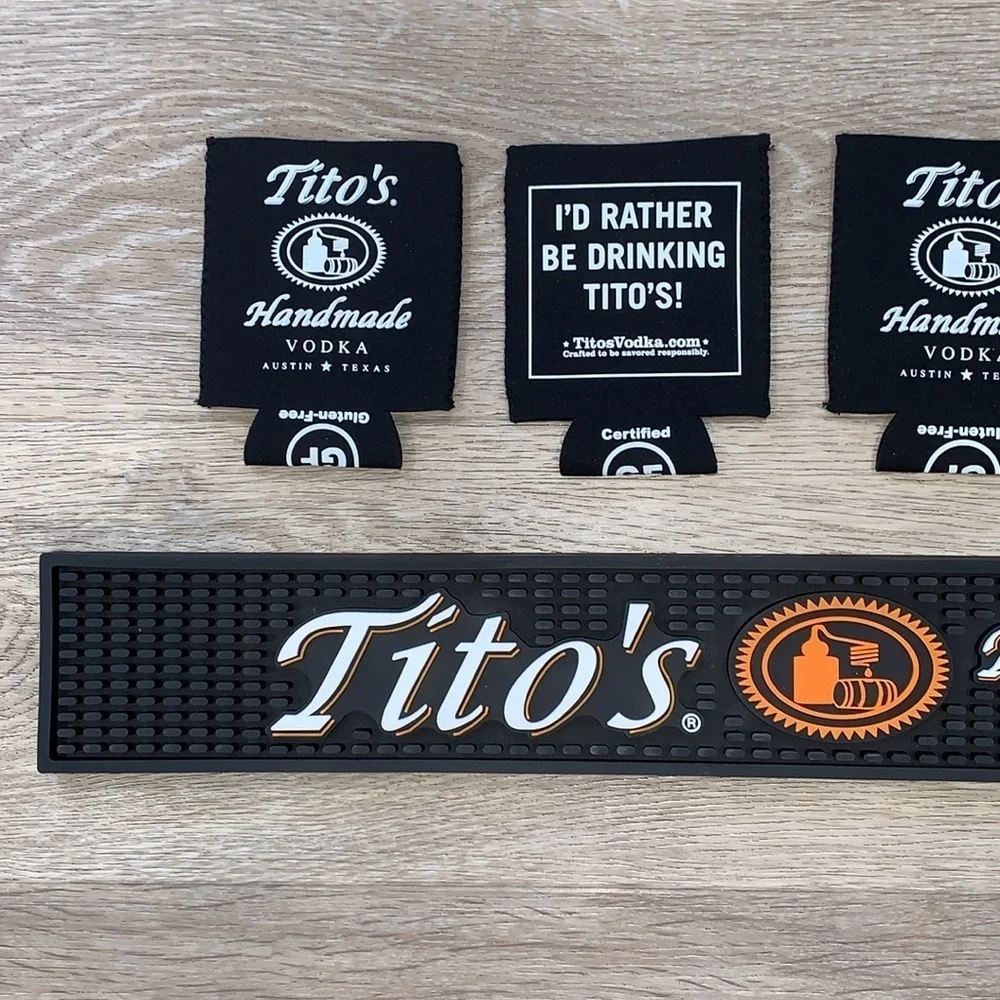NWOT Tito’s Handmade Vodka Bar Spill Rail Mat and 4 Drink Koozies